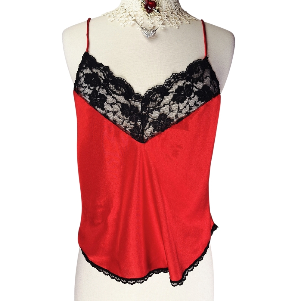 Vintage 80s 90s Juliara Black Red Floral Lace Satin Cami Tank Top Womens Medium